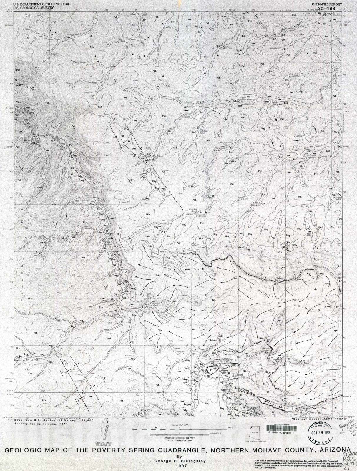 Map : Geologic map of the Poverty Spring quadrangle, northern Mohave County, Arizona, 1997 Cartography Wall Art :