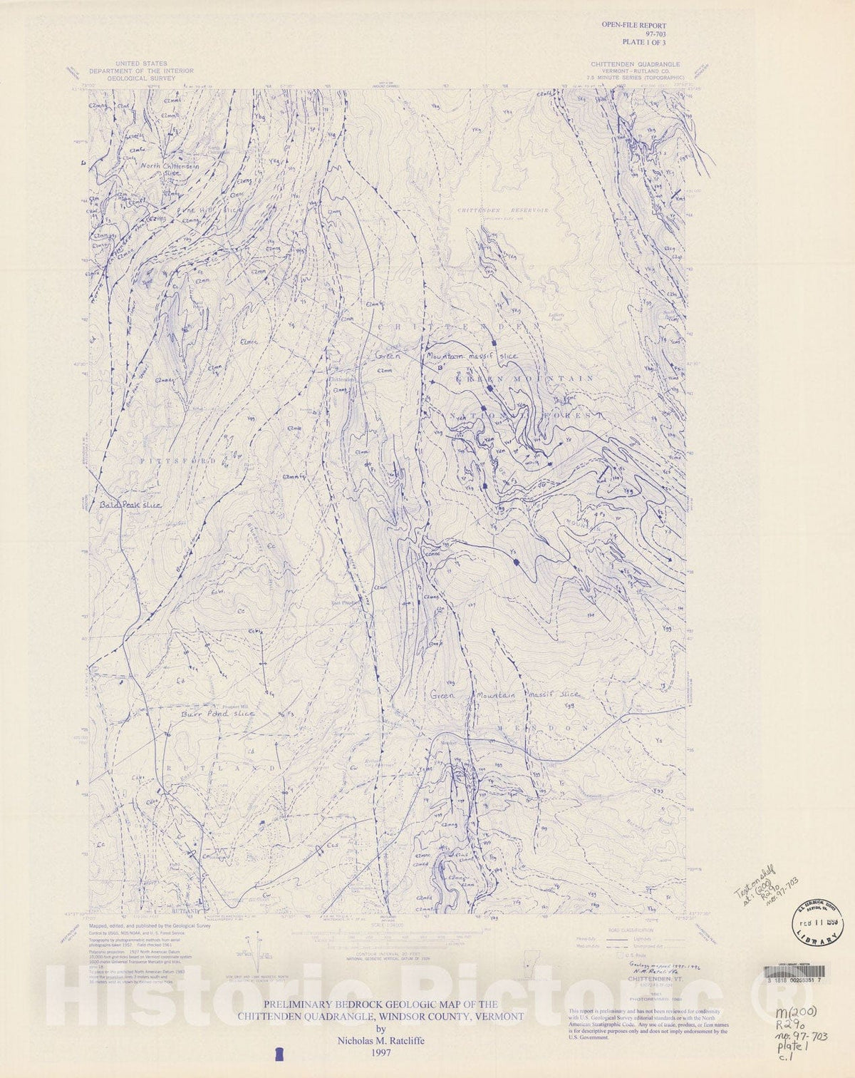 Map : Preliminary bedrock map of the Chittenden quadrangle, Rutland County, Vermont, 1997 Cartography Wall Art :