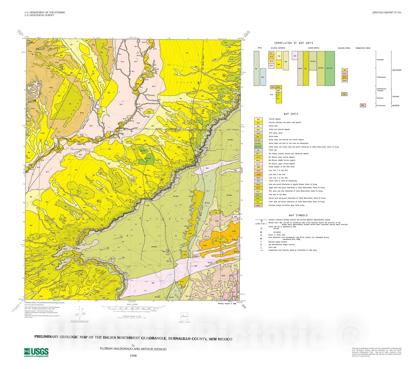 Map : Preliminary geologic map of the Dalies Northwest quadrangle, Bernalillo County, New Mexico, 1997 Cartography Wall Art :