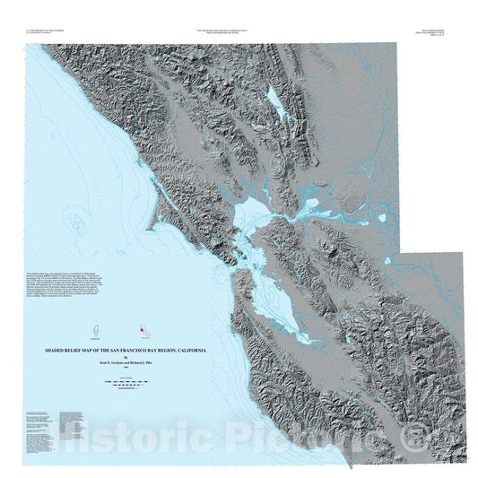 Map : Shaded relief map of the San Francisco Bay region, California, 1997 Cartography Wall Art :