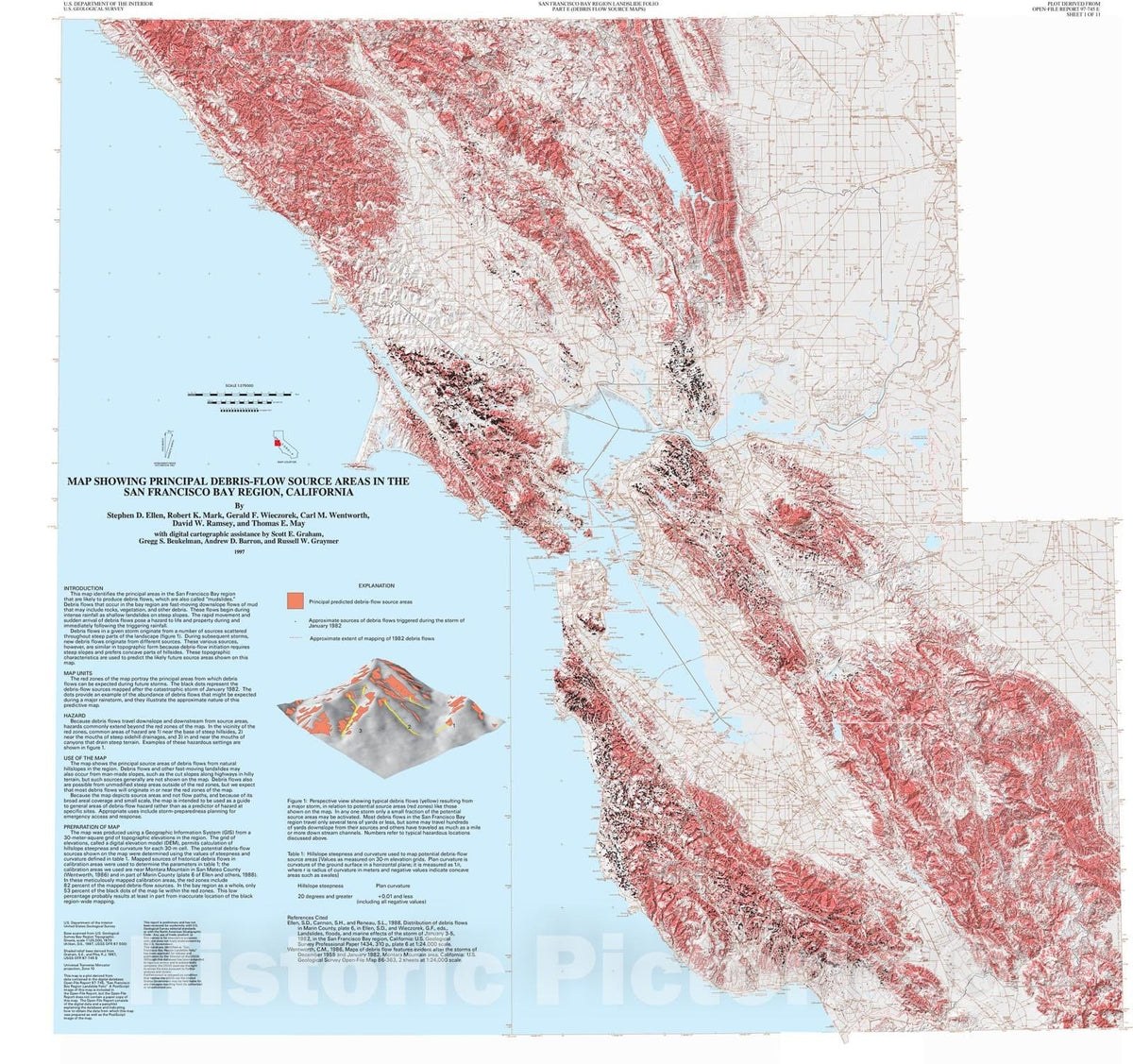 Map : Map showing principal debris-flow source areas in the San Francisco Bay region, California, 1997 Cartography Wall Art :