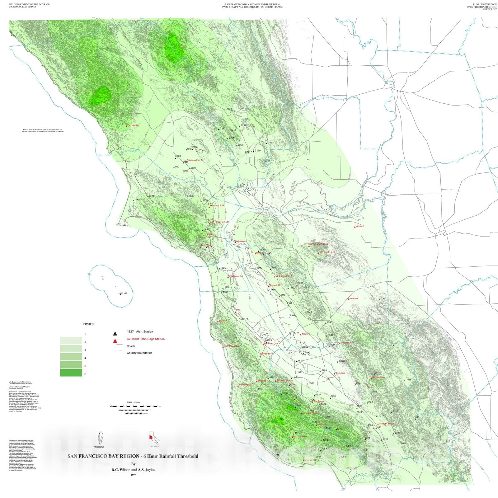 Map : Preliminary maps showing rainfall thresholds for debris-flow activity, San Francisco Bay region, California, 1997 Cartography Wall Art :