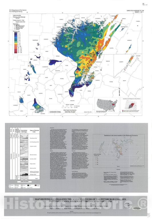 Map : Map showing generalized thickness contours of the Pittsburgh coal bed in Pennsylvania, Ohio, West Virginia, and Maryland, 1997 Cartography Wall Art :