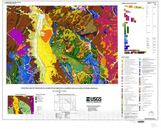 Map : Geologic map of the Ennis 30' x 60' quadrangle, Gallatin and Madison Counties, Montana, 1997 Cartography Wall Art :