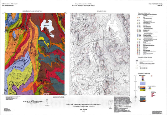 Map : Digital and preliminary bedrock geologic map of the Chittenden quadrangle, Vermont, 1997 Cartography Wall Art :