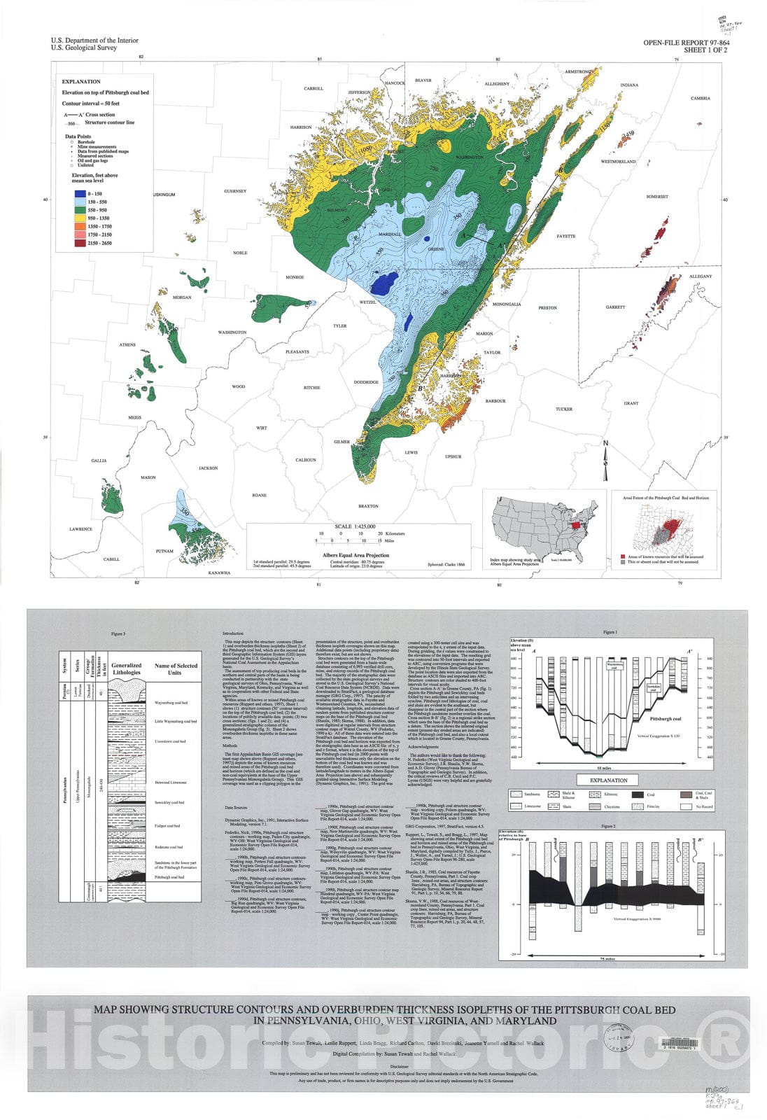 Map : Map showing structure contours and overburden thickness isopleths of the Pittsburgh coal bed in Pennsylvania, Ohio, West Virginia, and Maryland, 1997 Cartography Wall Art :