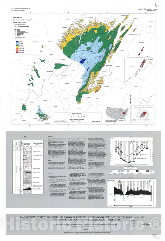 Map : Map showing structure contours and overburden thickness isopleths of the Pittsburgh coal bed in Pennsylvania, Ohio, West Virginia, and Maryland, 1997 Cartography Wall Art :
