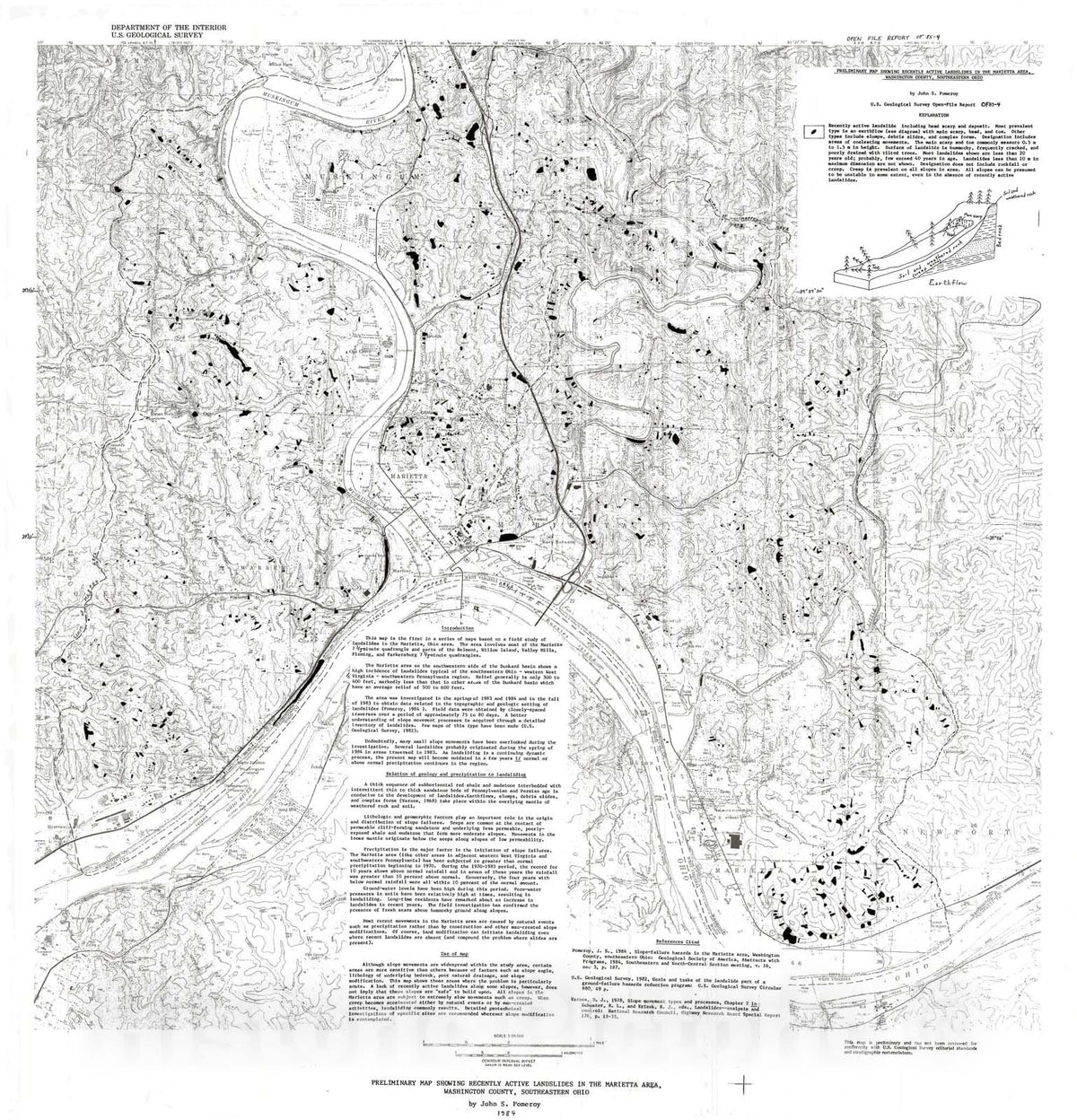 Map : Preliminary map showing recently active landslides in the Marietta area, Washington County, Ohio, 1985 Cartography Wall Art :