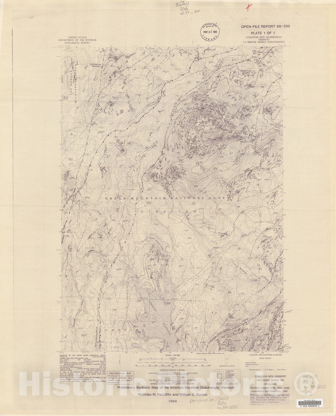Map : Preliminary bedrock map of the Stratton Mountain quadrangle, Vermont, 1989 Cartography Wall Art :