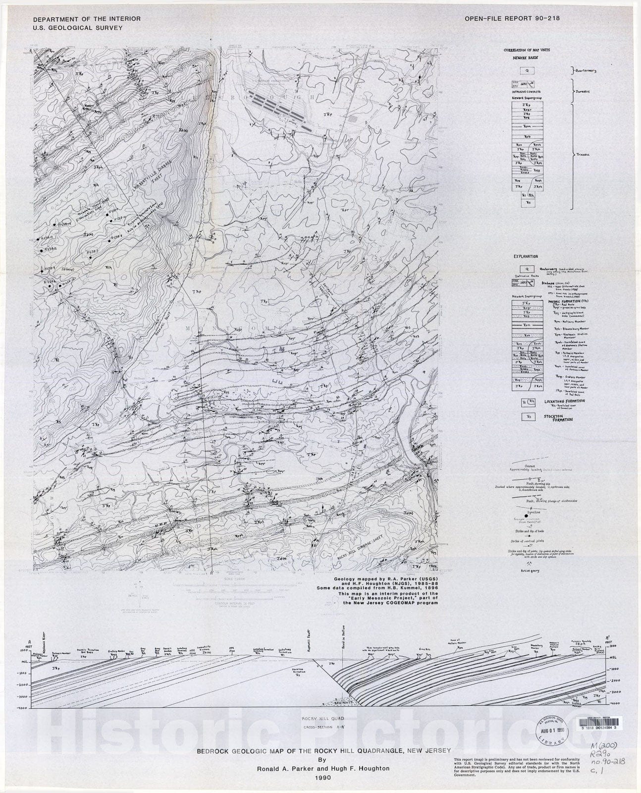 Map : Bedrock geologic map of the Rocky Hill quadrangle, New Jersey, 1990 Cartography Wall Art :