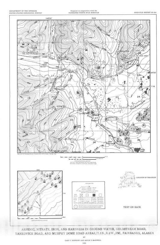Map : Arsenic, nitrate, iron, and hardness in ground water, Goldstream Road, Yankovich Road, and Murphy Dome Road areas , 1985 Cartography Wall Art :