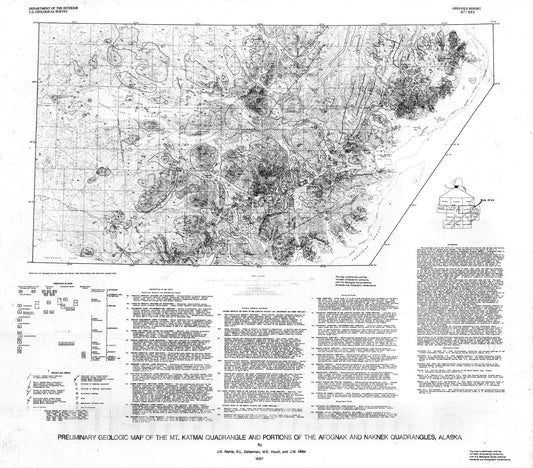Map : Preliminary geologic map of the Mount Katmai quadrangle and portions of the Afognak and Naknek quadrangles, Alaska, 1987 Cartography Wall Art :