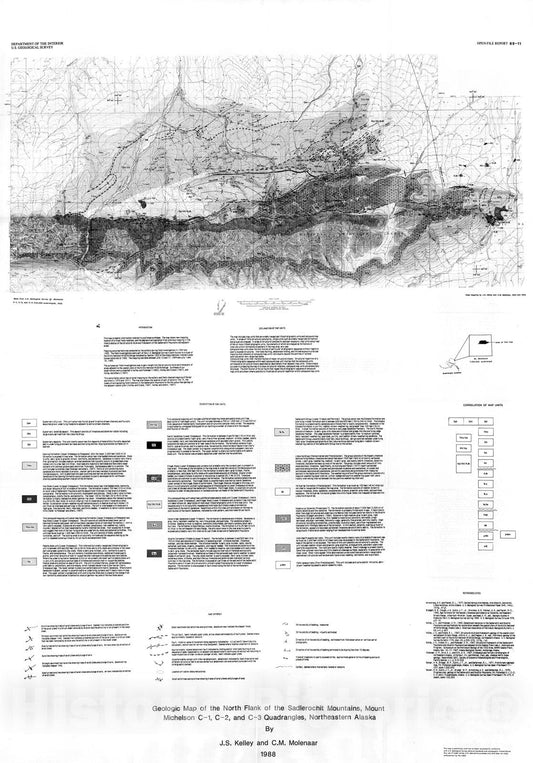 Map : Geologic map of the north flank of the Sadlerochit Mountains, Mount Michelson C-1, C-2, and C-3 quadrangles, northeastern Alaska, 1988 Cartography Wall Art :