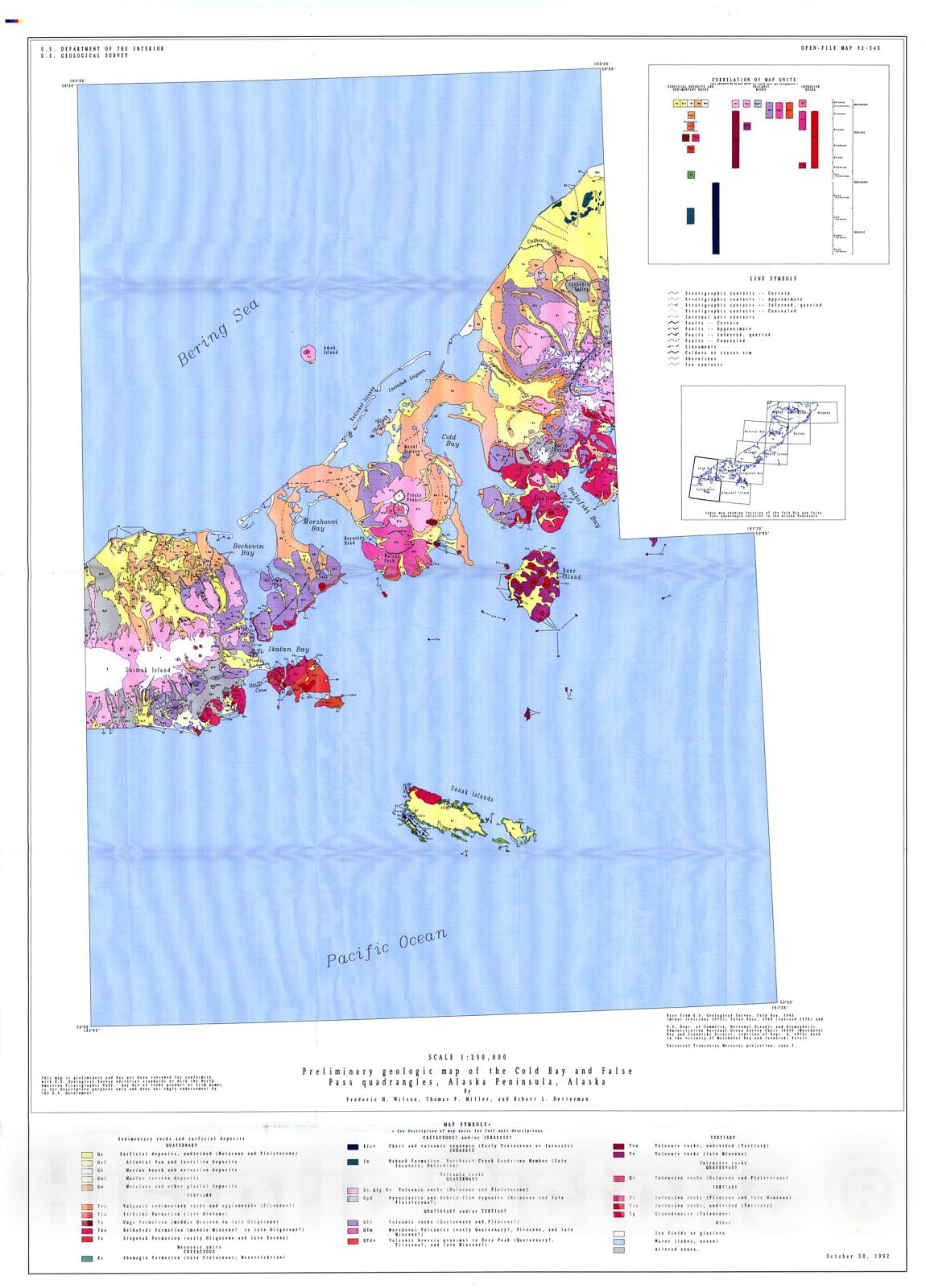 Map : Preliminary geologic map of the Cold Bay and False Pass quadrangles, Alaska Peninsula, 1992 Cartography Wall Art :