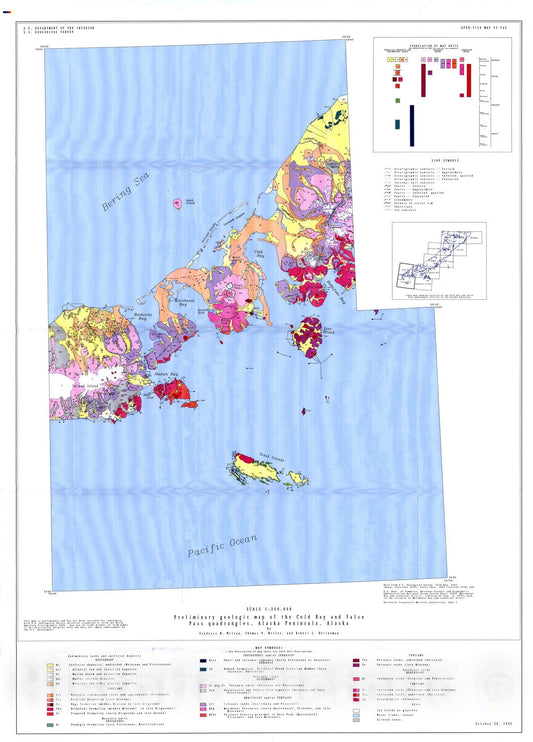 Map : Preliminary geologic map of the Cold Bay and False Pass quadrangles, Alaska Peninsula, 1992 Cartography Wall Art :