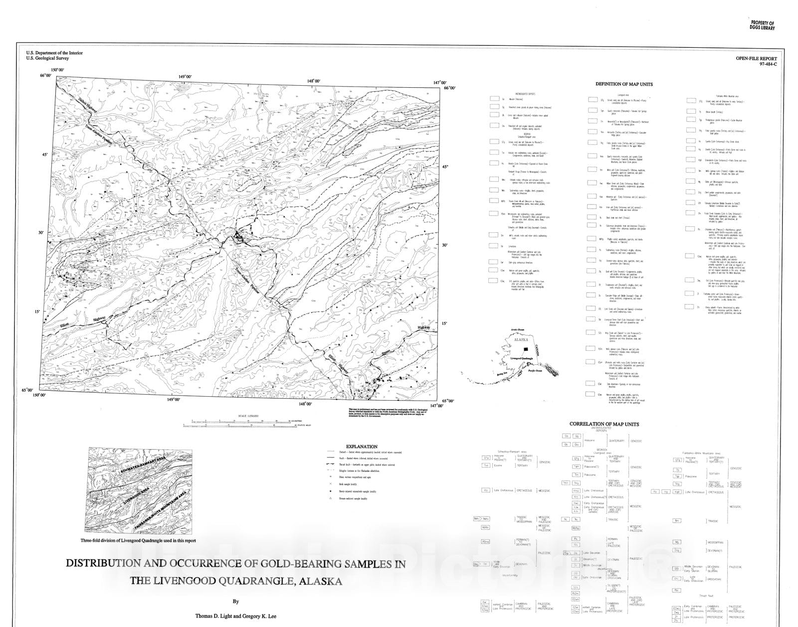 Map : Map showing distribution and occurrence of gold-bearing samples from the Livengood quadrangle, Alaska, 1997 Cartography Wall Art :
