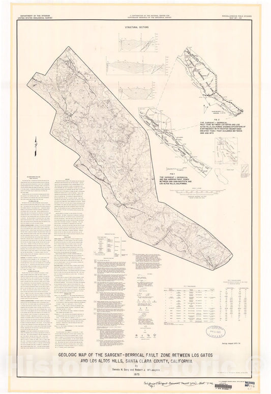 Map : Geologic map of the Sargent - Berrocal fault zone between Los Gatos and Los Altos Hills, Santa Clara County, California, 1975 Cartography Wall Art :