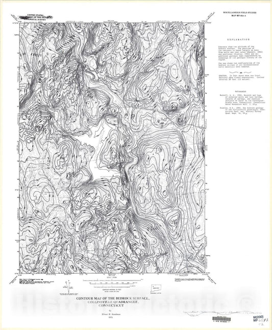 Map : Contour map of the bedrock surface, Collinsville quadrangle, Connecticut, 1975 Cartography Wall Art :