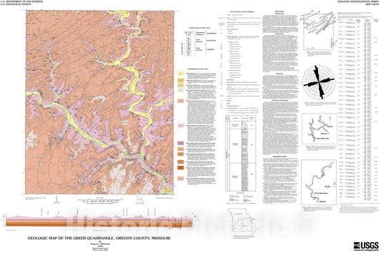 Map : Geologic map of the Greer quadrangle, Oregon County, Missouri, 1998 Cartography Wall Art :