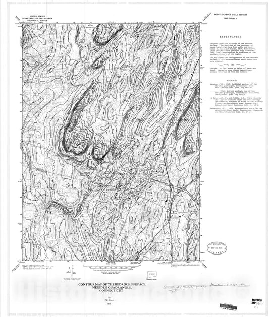 Map : Contour map of the bedrock surface, Meriden quadrangle, Connecticut, 1976 Cartography Wall Art :