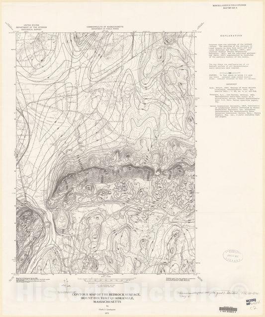 Map : Contour map of the bedrock surface, Mount Holyoke quadrangle, Massachusetts, 1975 Cartography Wall Art :