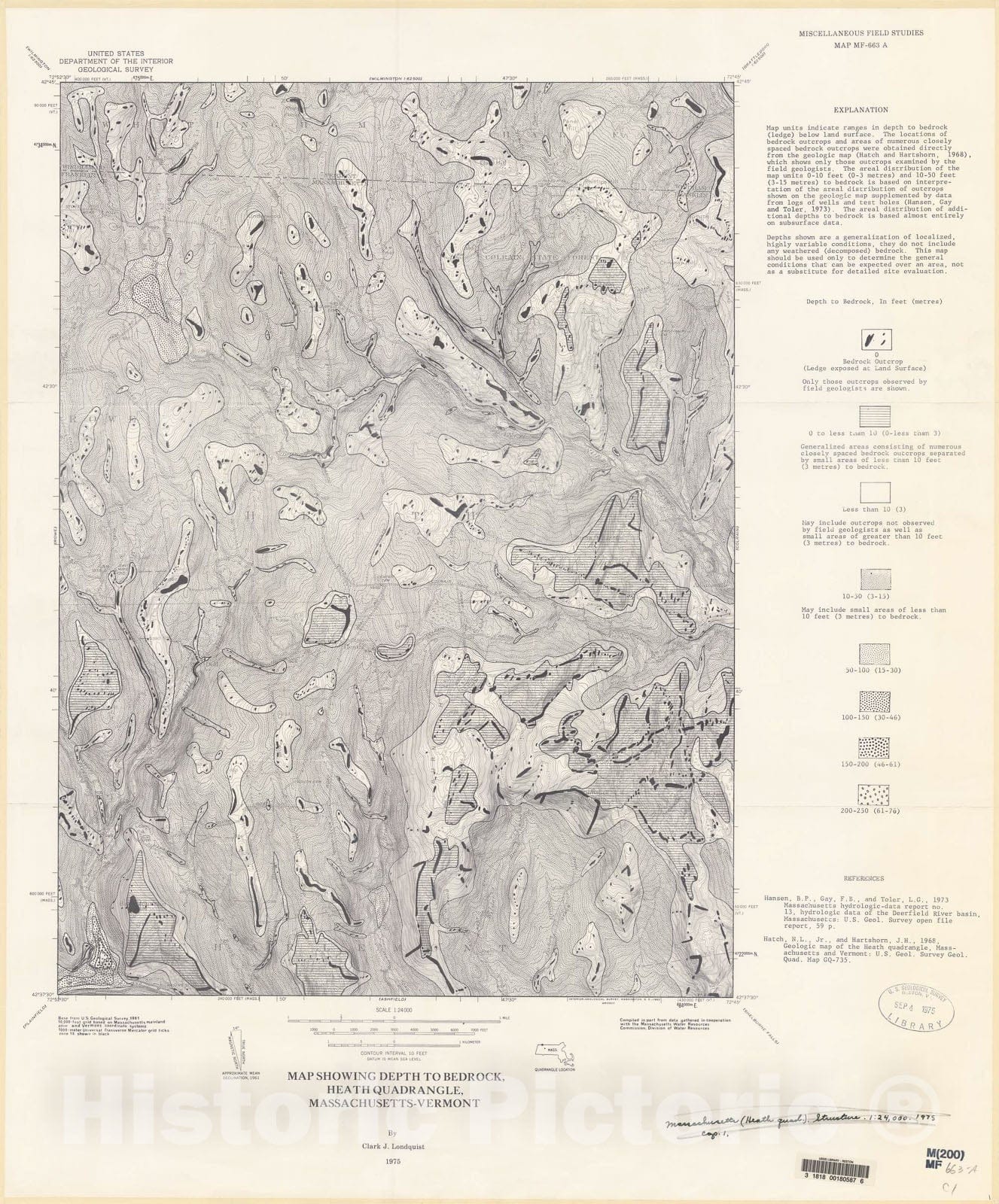 Map : Map showing depth to bedrock, Heath quadrangle, Massachusetts - Vermont, 1975 Cartography Wall Art :