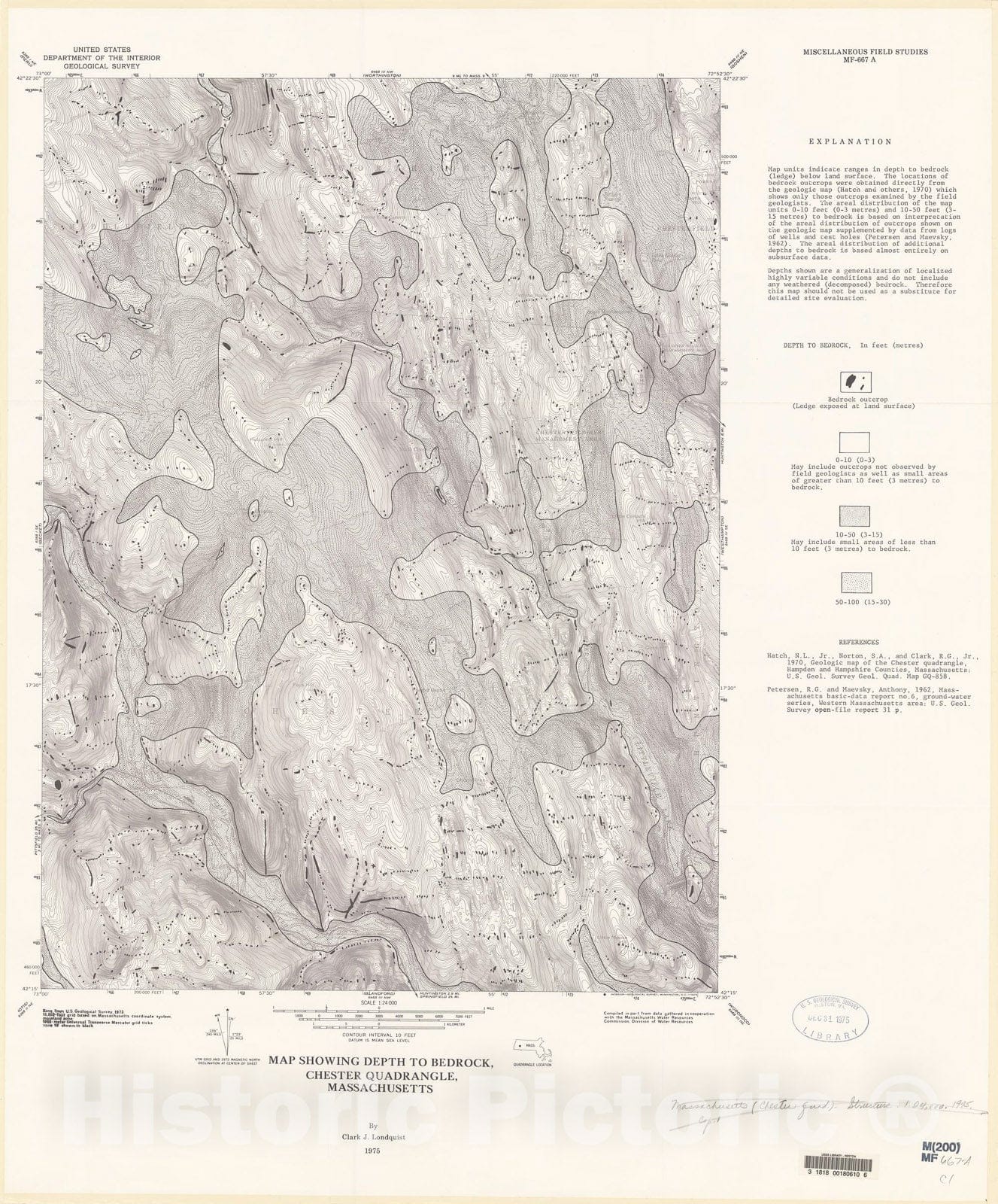 Map : Map showing depth to bedrock, Chester quadrangle, Massachusetts, 1975 Cartography Wall Art :