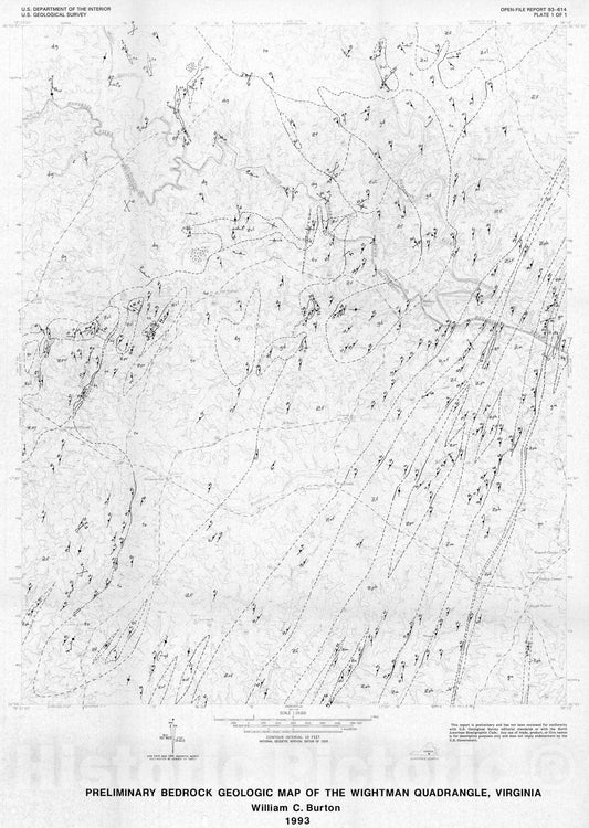 Map : Preliminary bedrock geologic map of the Wightman 7.5' quadrangle, Virginia, 1993 Cartography Wall Art :