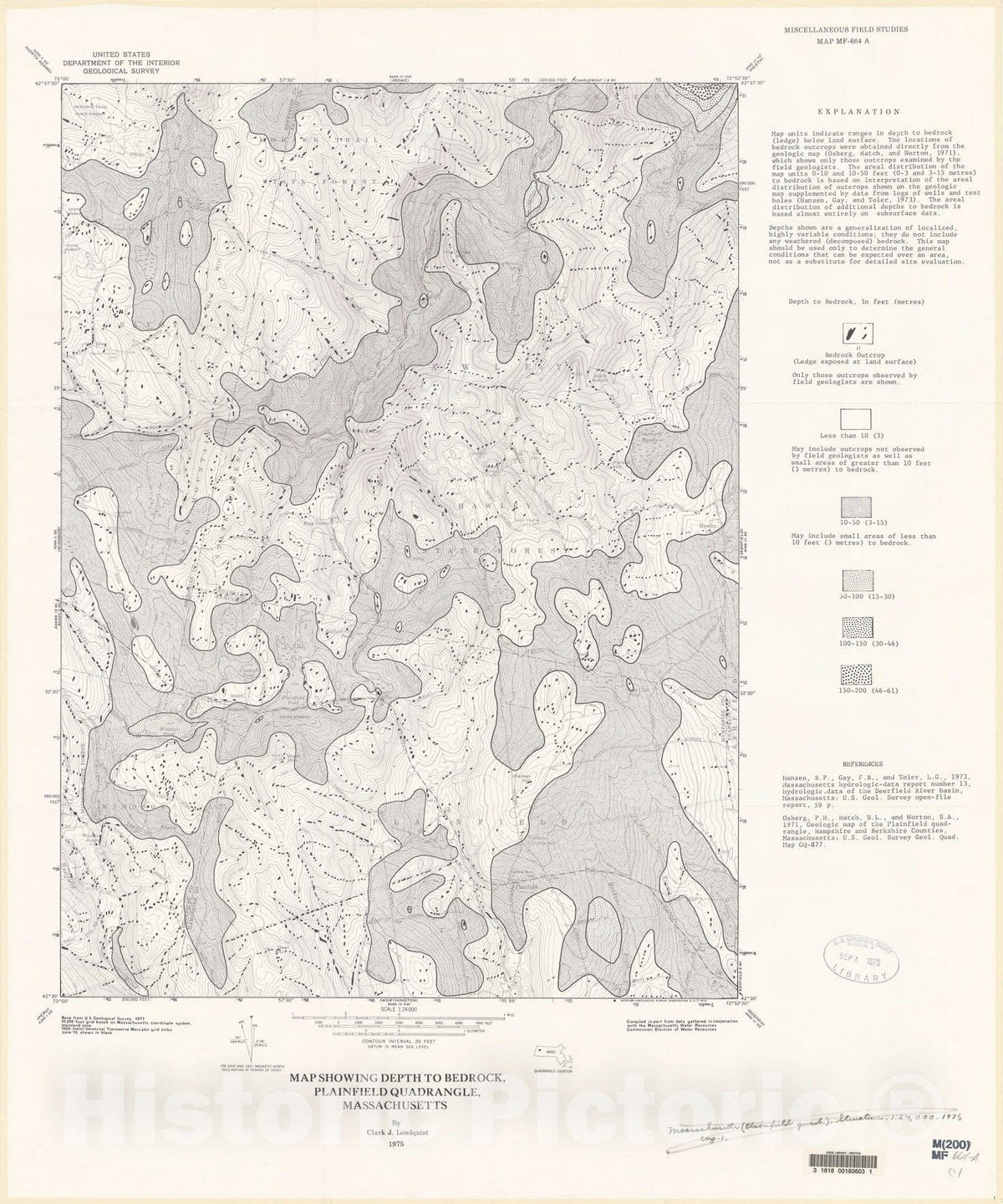 Map : Map showing depth to bedrock, Plainfield quadrangle, Massachusetts, 1975 Cartography Wall Art :