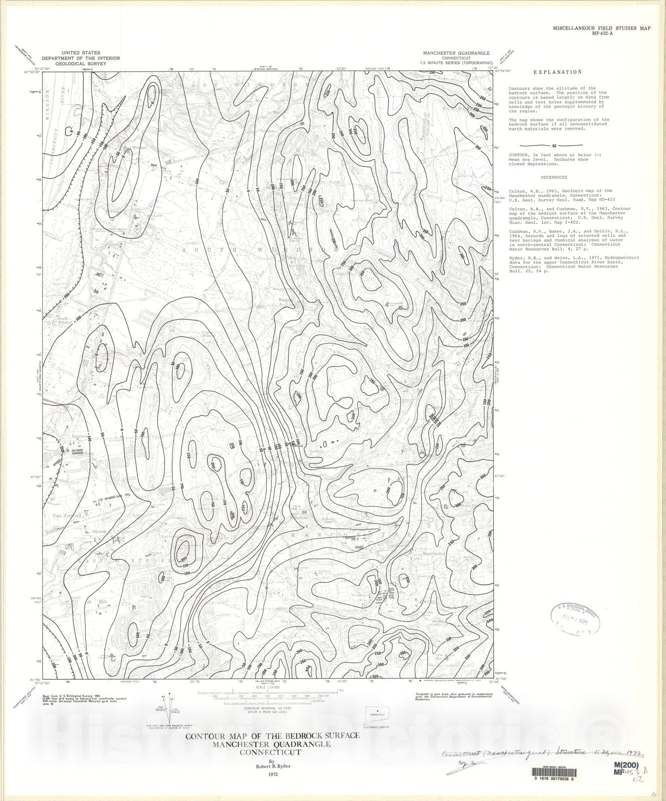 Map : Contour map of the bedrock surface, Manchester quadrangle, Connecticut, 1972 Cartography Wall Art :