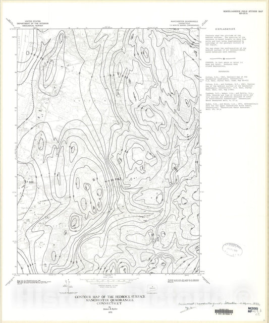 Map : Contour map of the bedrock surface, Manchester quadrangle, Connecticut, 1972 Cartography Wall Art :