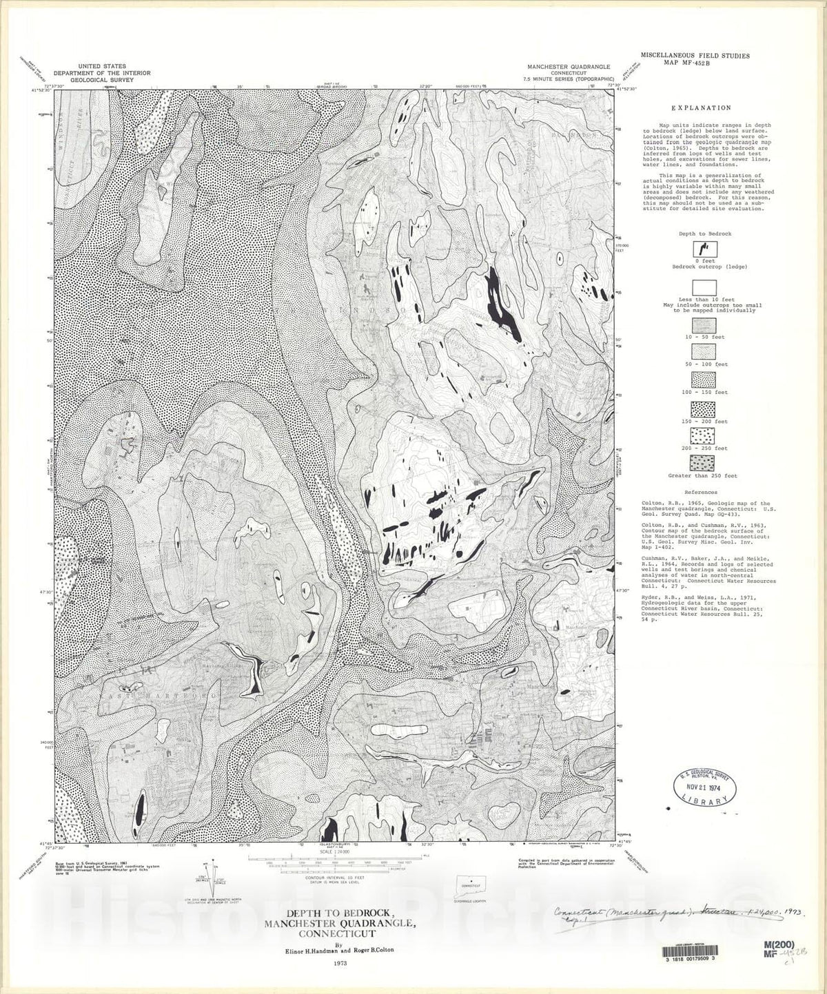 Map : Depth to bedrock, Manchester quadrangle, Connecticut, 1973 Cartography Wall Art :