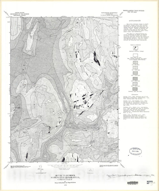 Map : Depth to bedrock, Manchester quadrangle, Connecticut, 1973 Cartography Wall Art :