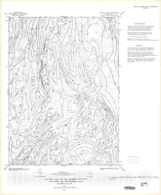 Map : Contour map of the bedrock surface, Hartford South quadrangle, Connecticut, 1973 Cartography Wall Art :