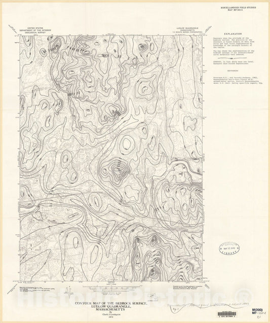 Map : Contour map of the bedrock surface, Ludlow quadrangle, Massachusetts, 1973 Cartography Wall Art :