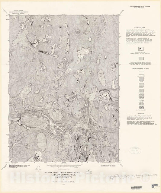 Map : Map showing depth to bedrock, Ludlow quadrangle, Massachusetts, 1974 Cartography Wall Art :