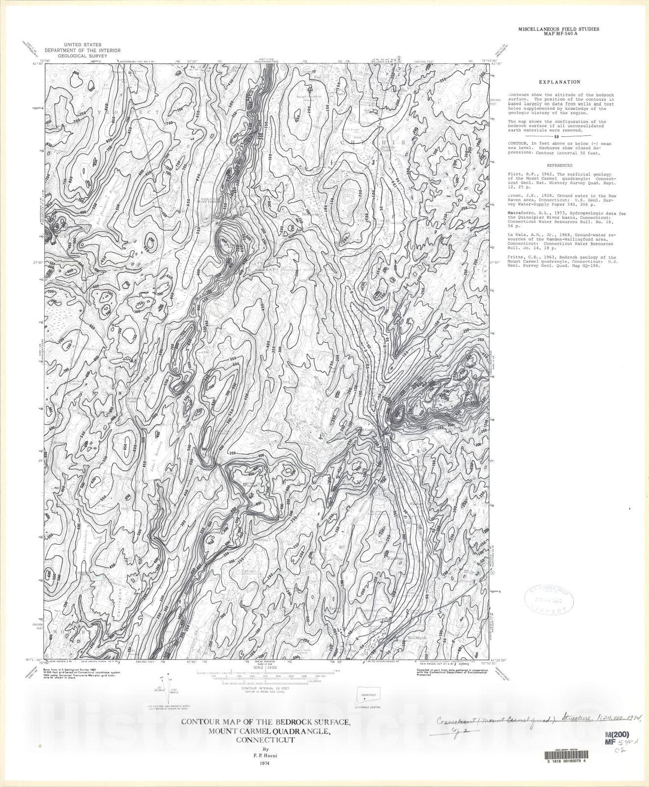 Map : Contour map of the bedrock surface, Mount Carmel quadrangle, Connecticut, 1974 Cartography Wall Art :