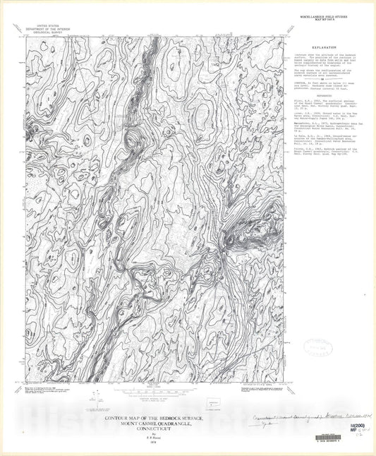 Map : Contour map of the bedrock surface, Mount Carmel quadrangle, Connecticut, 1974 Cartography Wall Art :