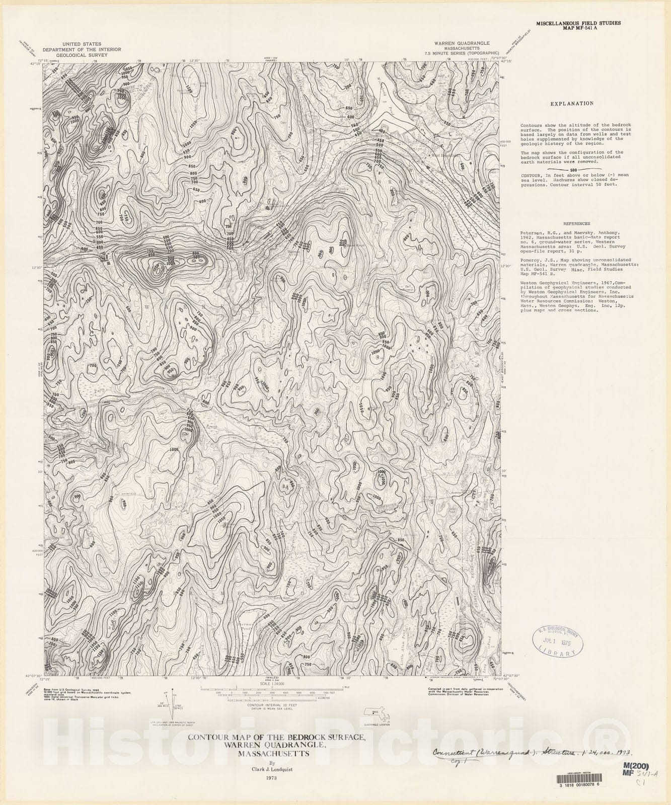 Map : Contour map of the bedrock surface, Warren quadrangle, Massachusetts, 1973 Cartography Wall Art :