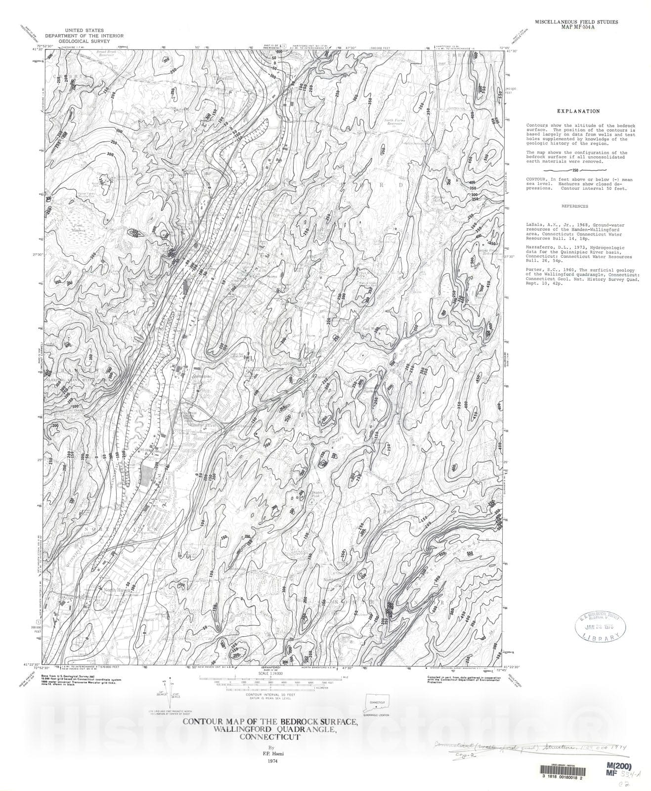 Map : Contour map of the bedrock surface, Wallingford quadrangle, Connecticut, 1974 Cartography Wall Art :