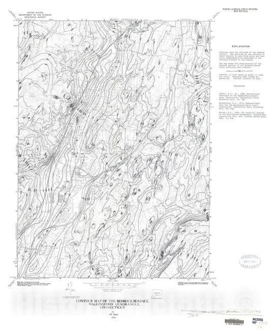 Map : Contour map of the bedrock surface, Wallingford quadrangle, Connecticut, 1974 Cartography Wall Art :