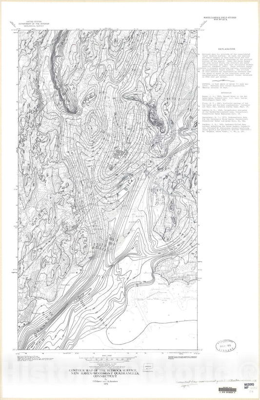 Map : Contour map of the bedrock surface, New Haven - Woodmont quadrangles, Connecticut, 1974 Cartography Wall Art :