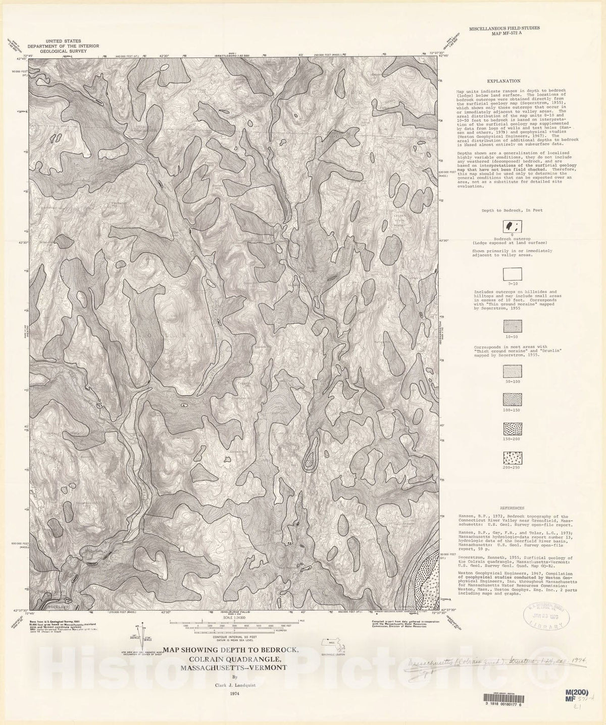Map : Map showing depth to bedrock, Colrain quadrangle, Massachusetts - Vermont, 1974 Cartography Wall Art :