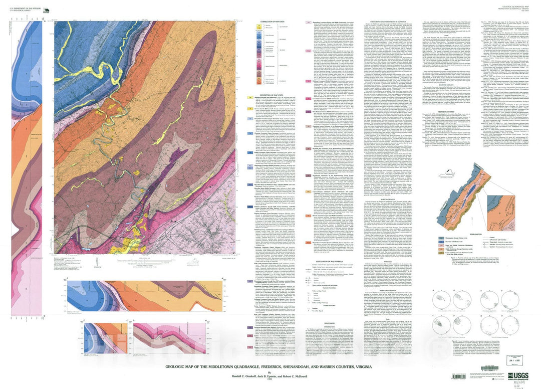Map : Geologic map of the Middletown quadrangle, Frederick, Shenandoah, Warren Counties, Virginia, 1999 Cartography Wall Art :