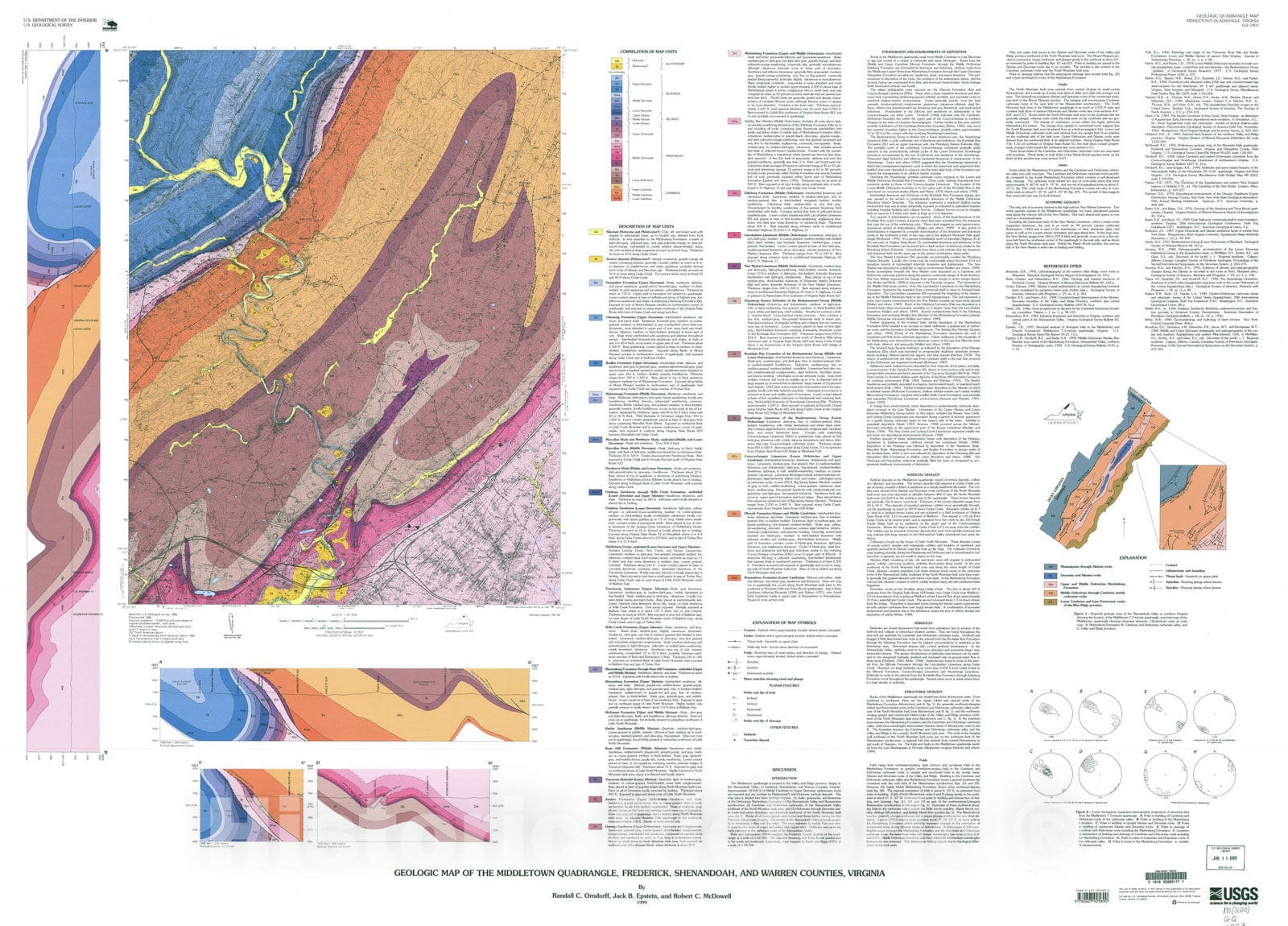 Map : Geologic map of the Middletown quadrangle, Frederick, Shenandoah, Warren Counties, Virginia, 1999 Cartography Wall Art :