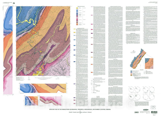 Map : Geologic map of the Middletown quadrangle, Frederick, Shenandoah, Warren Counties, Virginia, 1999 Cartography Wall Art :