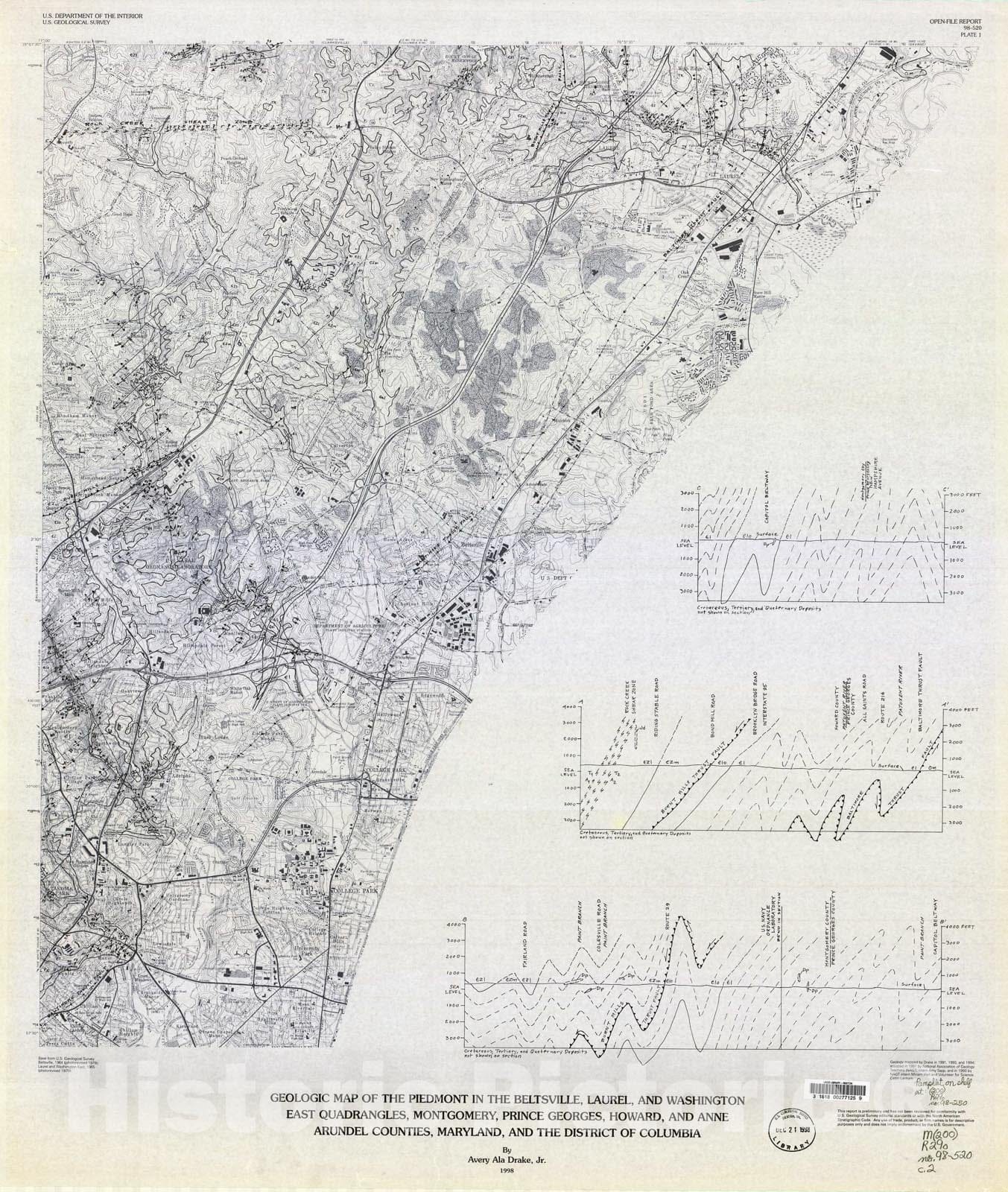 Map : Geologic map of the Piedmont in the Beltsville, Laurel, and Washington East quadrangles, Montgomery, Prince Georges, Howard, and A, 1998 Cartography Wall Art :