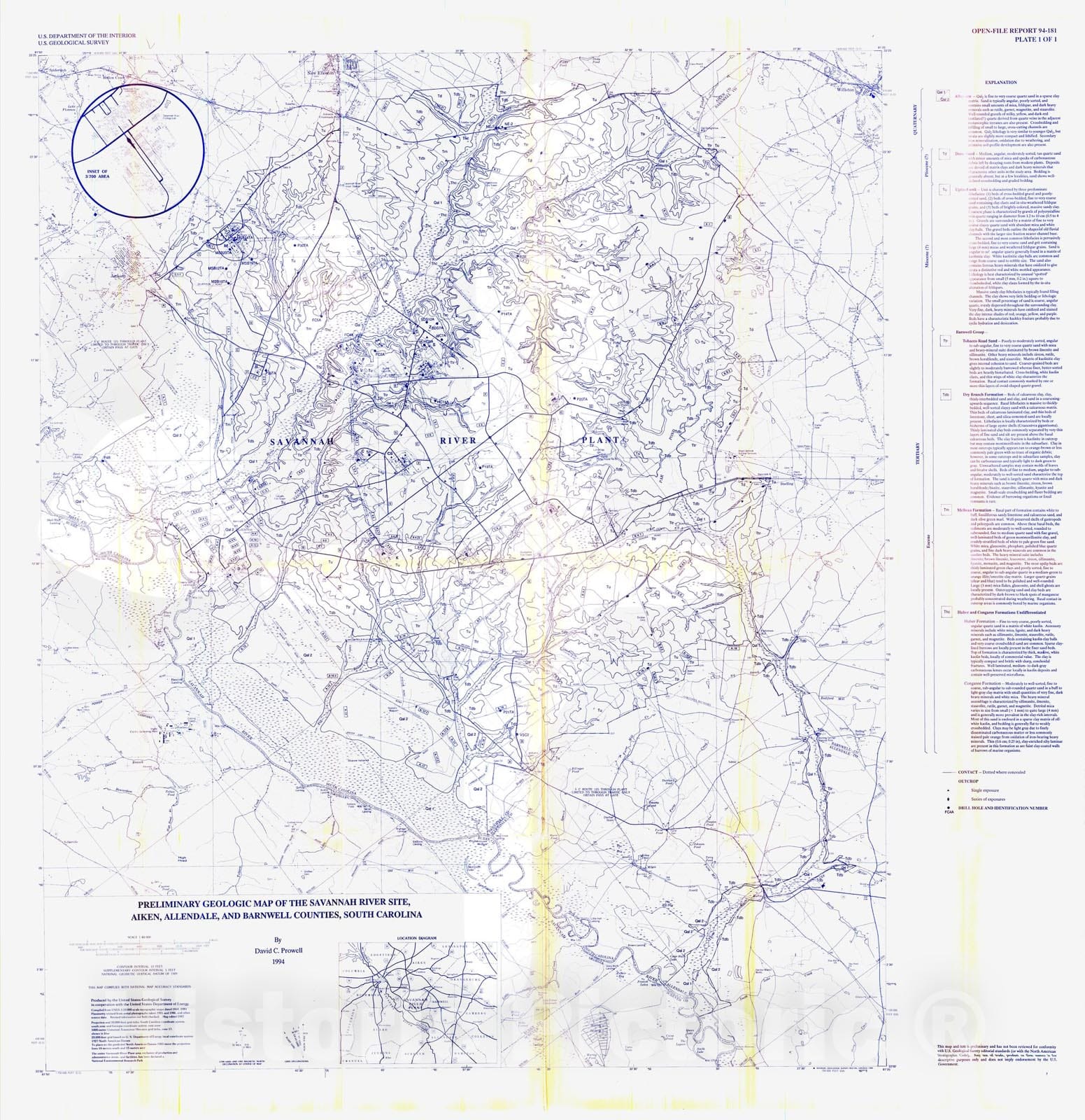 Map : Preliminary geologic map of the Savannah River site, Aiken, Allendale, and Barnwell Counties, South Carolina, 1994 Cartography Wall Art :