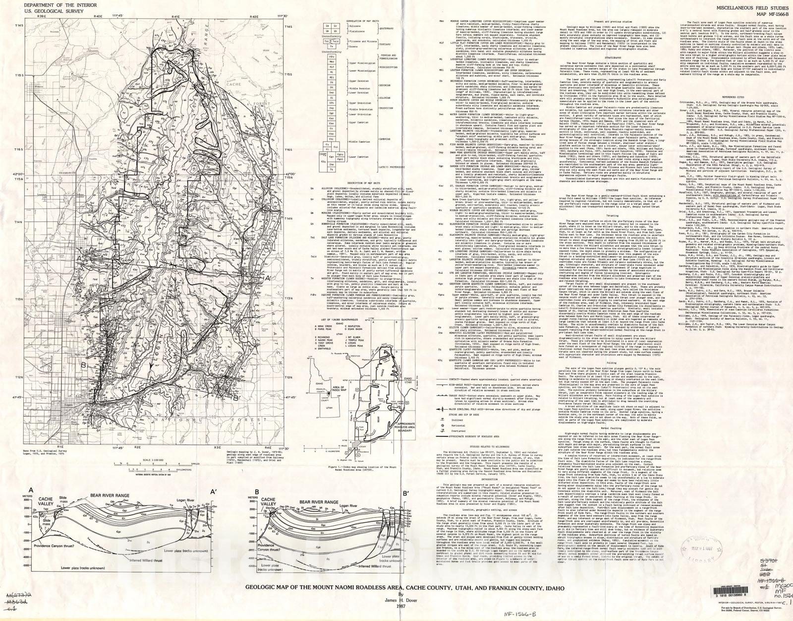 Map : Geologic map of the Mount Naomi Roadless Area, Cache County, Utah, and Franklin County, Idaho, 1987 Cartography Wall Art :