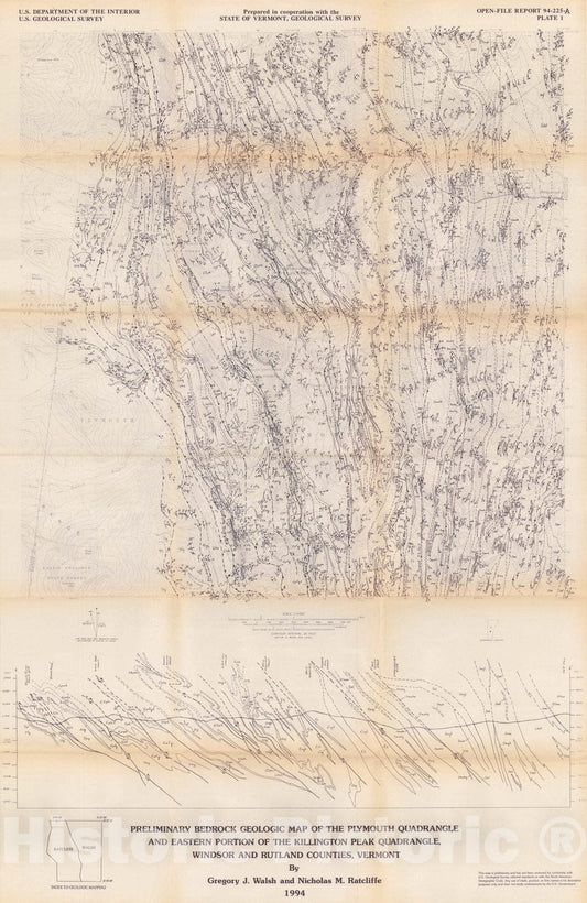 Map : Preliminary bedrock geologic map of the Plymouth quadrangle and eastern portion of the Killington Peak quadrangle, Windsor and Rutland Counties, Vermont, 1994 Cartography Wall Art :
